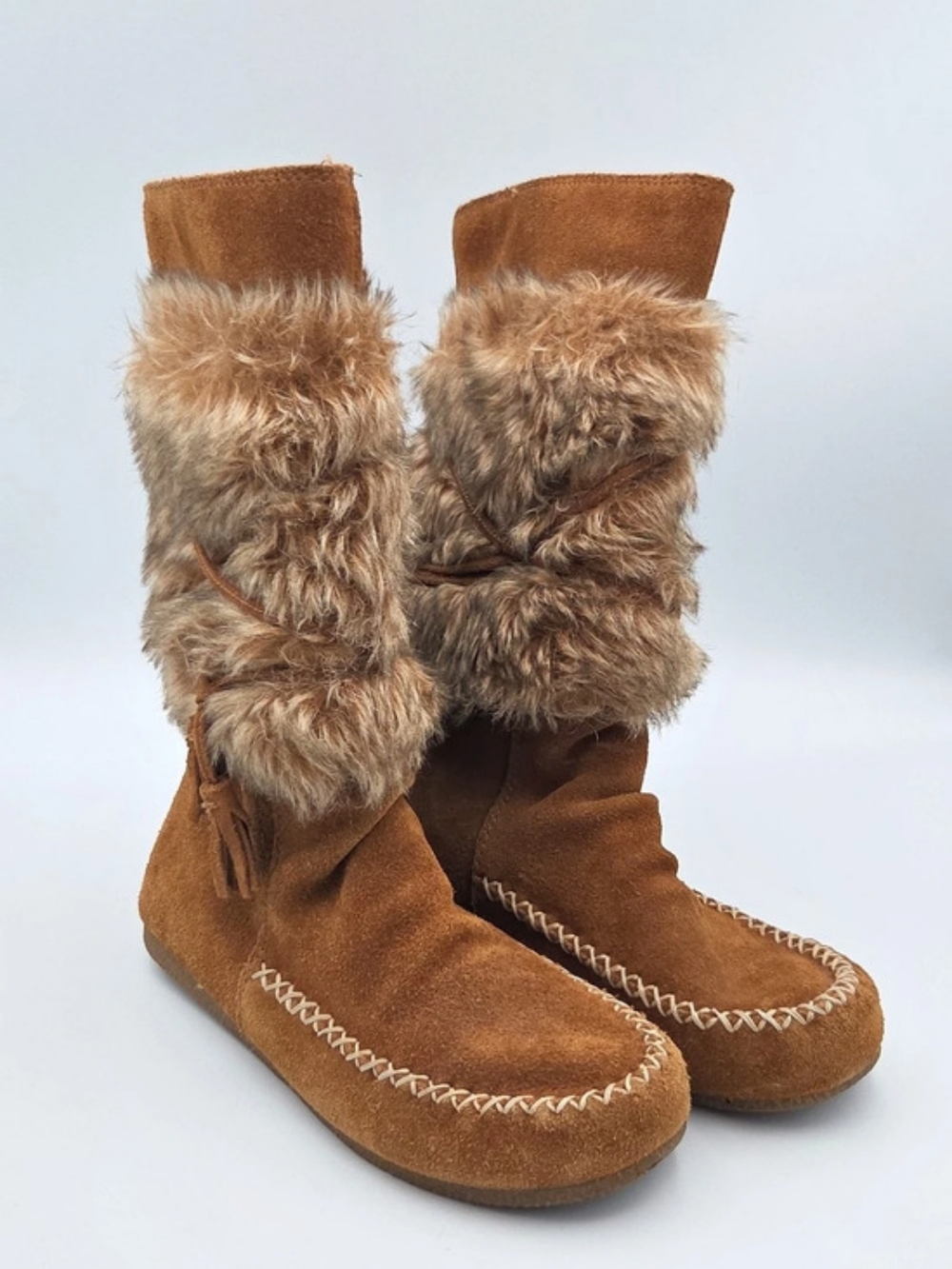 Minnetonka Everett Brown Faux Fur Trim Winter Boots Size 6